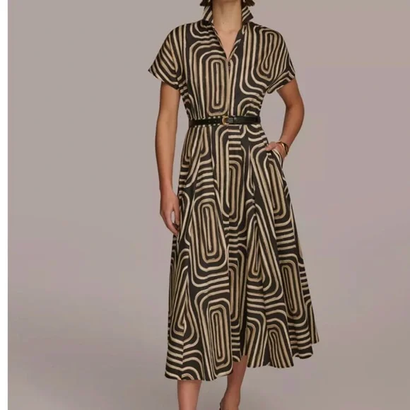 Donna Karan Black Cream Geometric Printed Midi Shirt Dress Buttons Down Size 16 - Picture 1 of 16